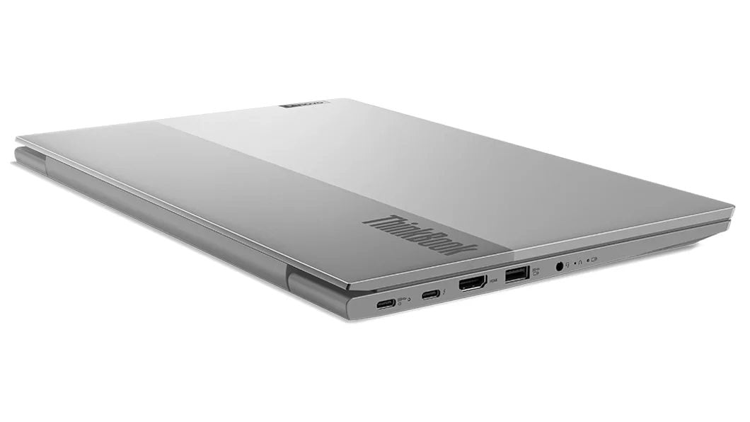 Back right view of a closed Lenovo ThinkBook 14 Gen 4 (Intel) laptop 