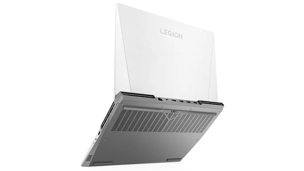Rear view of Lenovo Legion 5i Pro Gen 7 (16, Intel) gaming laptop, Glacier White model, opened, showing top and rear covers