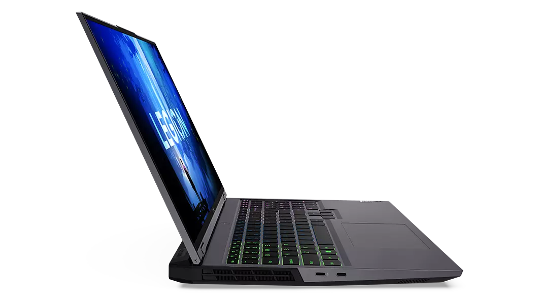 Side view of Lenovo Legion 5i Pro Gen 7 (16, Intel) gaming laptop, opened, showing keyboard + screen