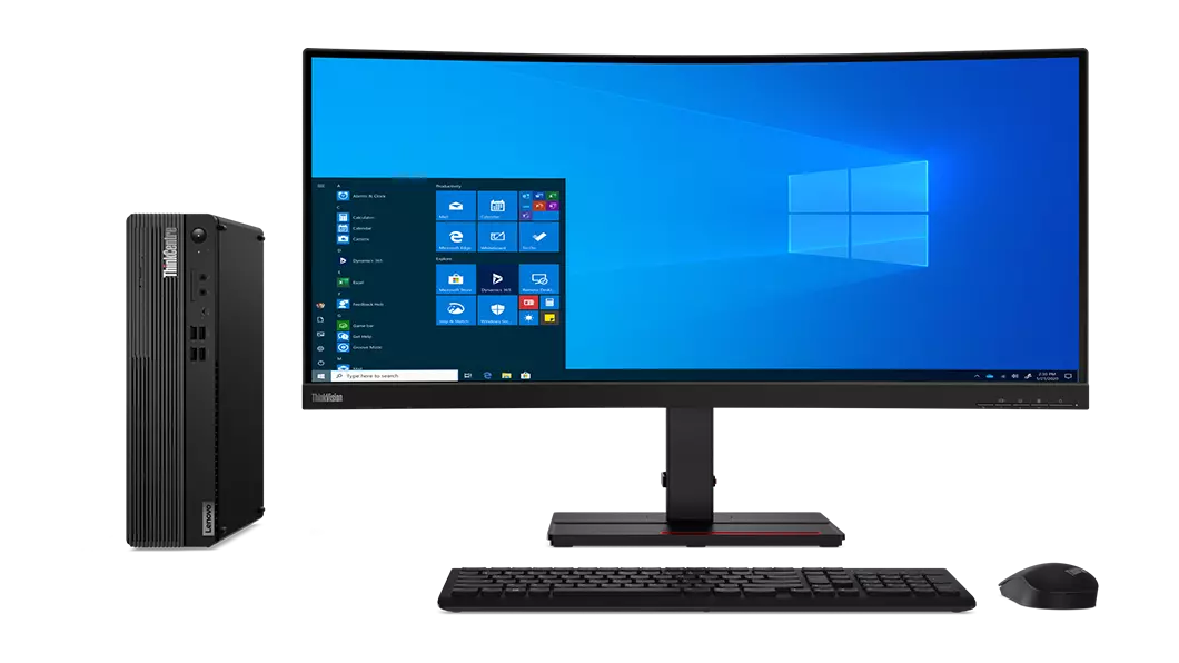 Lenovo ThinkCentre M75s Gen 2 placed next to monitor, keyboard and mouse