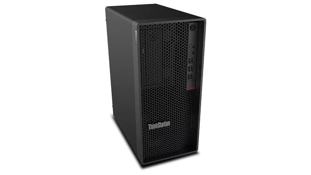 Overhead shot of Lenovo ThinkStation P348 Tower workstation showing front and left side.