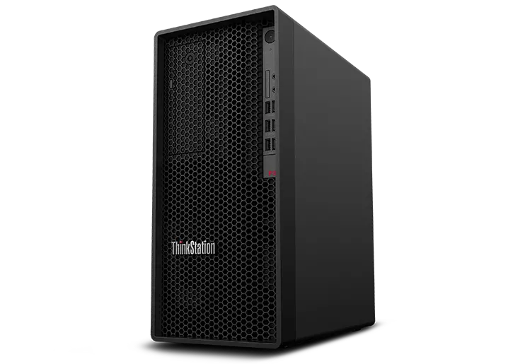Front facing Lenovo ThinkStation P348 Tower workstation, slightly angled to show right side.