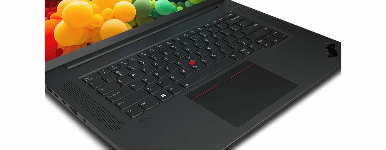 Closeup of keyboard with up-firing speakers on the Lenovo ThinkPad P1 Gen 4 mobile workstation.