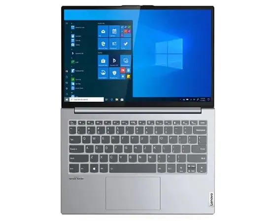 Vue avant et du dessus d'un ordinateur portable Lenovo ThinkBook 13x coloris Cloud Gray ouvert à 180 degrés, révélant le clavier, la charnière pivotante pour utilisation à plat et le superbe écran 13,3''.