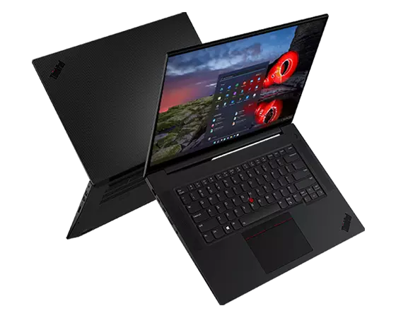 Two back-to-back floating Lenovo ThinkPad P1 Gen 4 (16”) mobile workstations open 90 degrees.