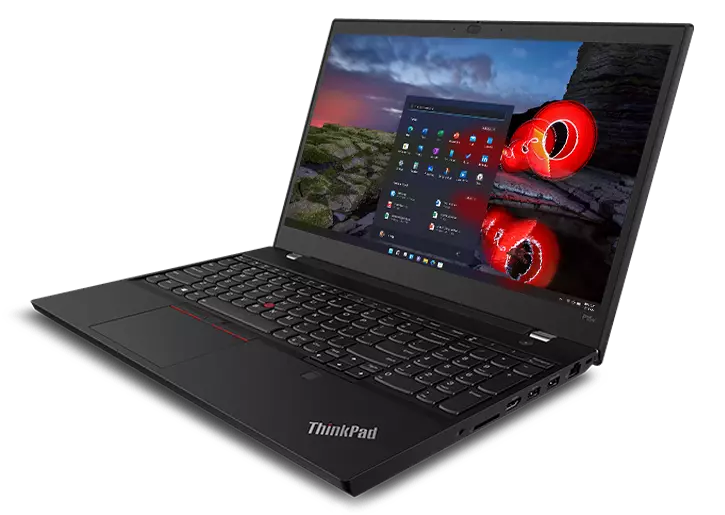 Lenovo ThinkPad P15v mobile workstation—3/4 right-front view, with display showing image of multiple gray and red TrackPoint buttons on vertical stands