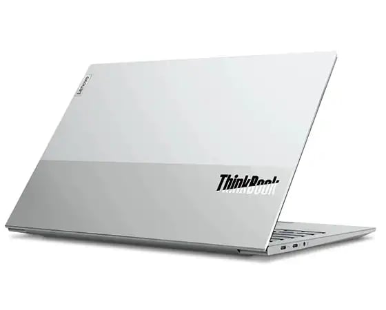 Left-rear, low-angle view of a Lenovo ThinkBook 13x laptop, open 75 degrees to show the dual-tone Cloud Gray top cover and distinctive ThinkBook logo.