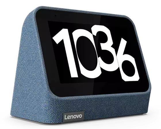 Lenovo Smart Clock Gen 2 in Abyss Blue—3/4 left-front view, with 10:36 showing on the clock face/display