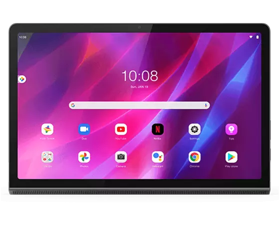 Lenovo Yoga Tab 11 vue de face de la tablette avec écran d’accueil et icônes d’application sur l’écran