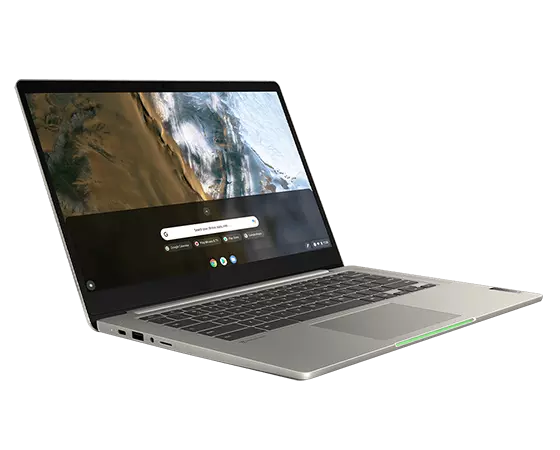 Front left angle view of the IdeaPad 5i Chromebook Gen 6 (14” Intel), showing the display with a satellite landscape screenfill and a Google search bar