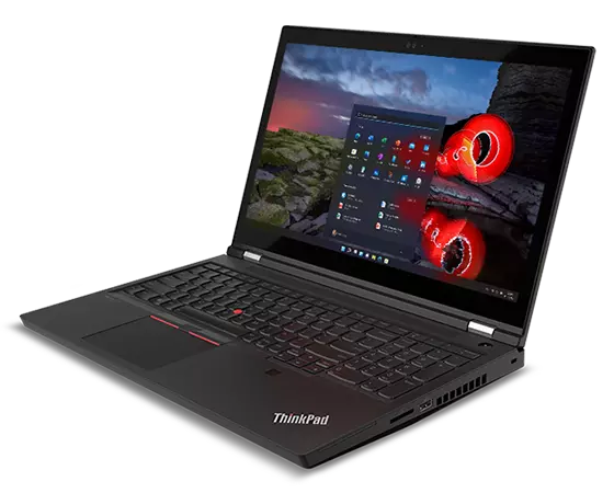 Lenovo ThinkPad P15 Gen 2 mobile workstation open 90 degrees, angled slightly to show right-side ports, keyboard, and display with a burst of red color.