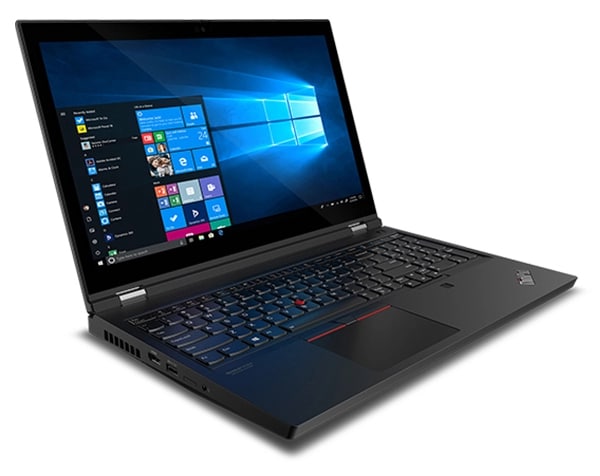 Left-side ports, keyboard, and display showing Windows 10 Pro operating system on a Black Lenovo ThinkPad T15g Gen 2 laptop.