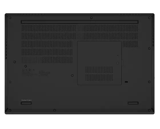 Bottom of Black Lenovo ThinkPad P15 Gen 2 laptop with vents and rubber feet.
