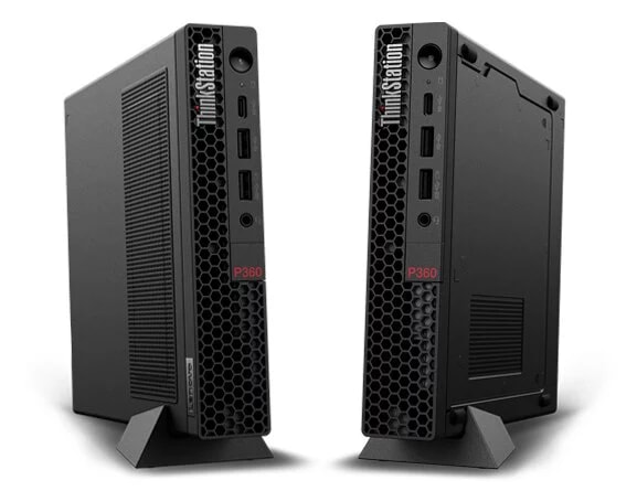 Two side-by-side Lenovo ThinkStation P360 Tiny workstations in stands, front facing, slightly angled to show left and right sides too.
