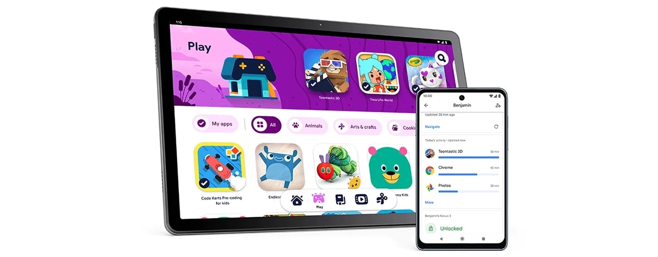 Tab M10 Gen 3 front facing right with Google Kids Space UI on screen and a smartphone (not included) with Google Family Link UI on screen.