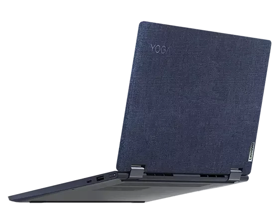 Yoga 6 Gen 6 (13″ AMD) Abyss Blue, fabric version opened in laptop mode, rear view