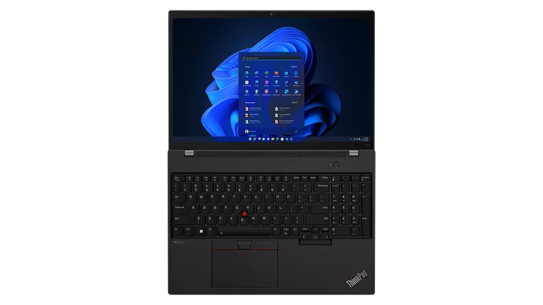 Aerial view of front facing ThinkPad P16s (16, AMD) mobile workstation, opened 180 degrees, flat, showing keyboard and display with Windows 11