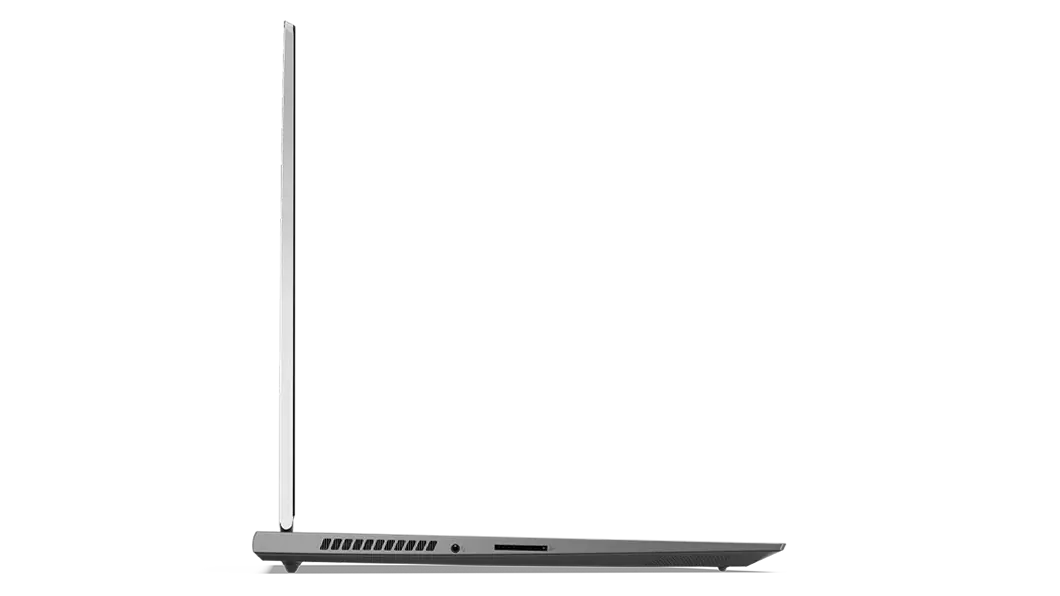 Left side profile of ThinkBook 16p Gen 3 (16, AMD) laptop, opened 90 degrees, showing edges of keyboard and display, plus ports
