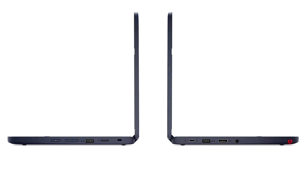 Two Lenovo 500w Gen 3 2-in-1 laptops open 90 degrees, back-to-back showing profile views of right and left side ports. 