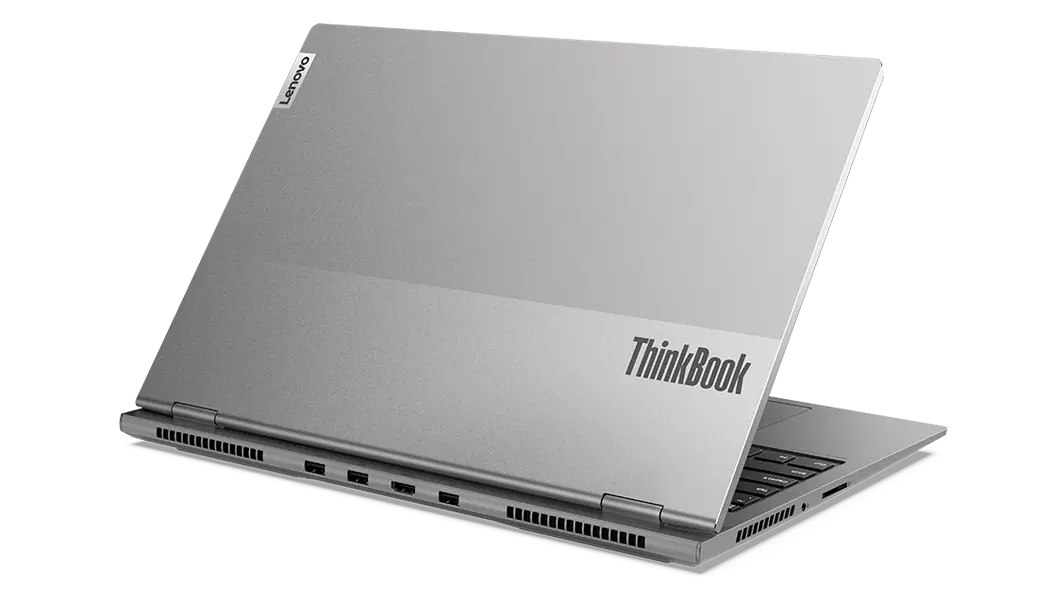 Rear facing ThinkBook 16p Gen 3 (16, AMD) laptop, opened 45 degrees, showing rear cover, vents, and edge of keyboard
