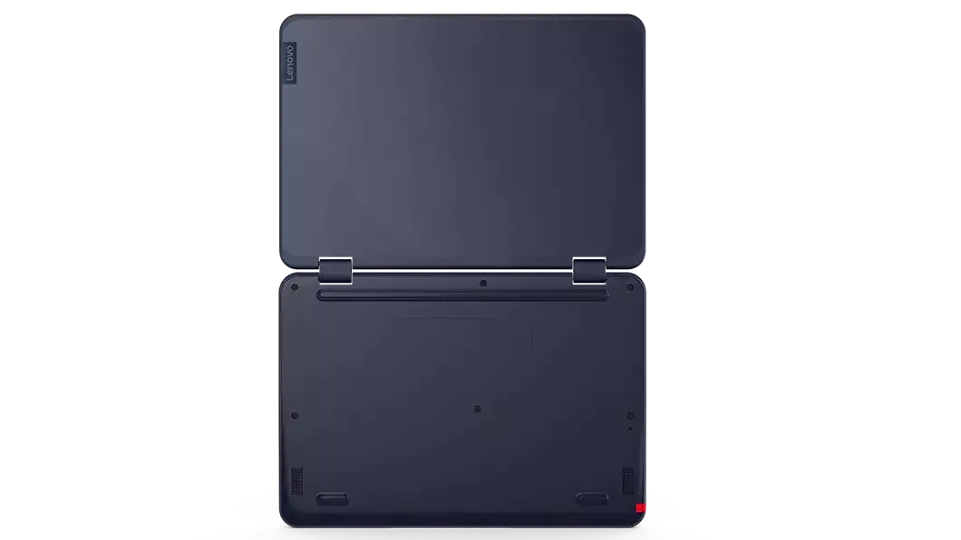 Overhead shot of Lenovo 500w Gen 3 laptop open 180 degrees, showing top and bottom sides.
