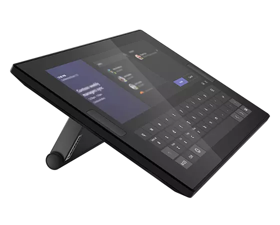 Lenovo ThinkSmart Controller voor Teams met 10,1-inch scherm en linkerkant van de standaard.