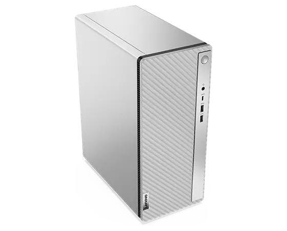 Aerial view of side-facing Lenovo IdeaCentre 5i Gen 8 (Intel) family desktop tower, showing front ports, top panel & left-hand panel