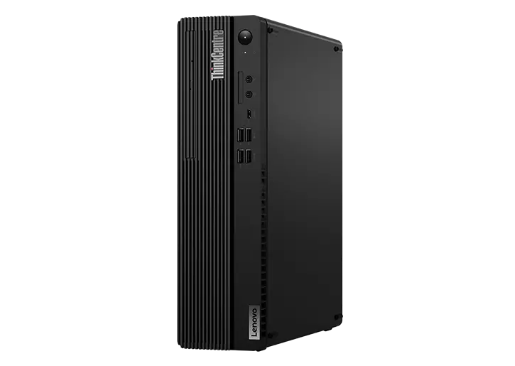 Right side view of Lenovo ThinkCentre M90s Gen 3 (Intel) small form factor desktop PC, stood vertically, showing ports and side panel 