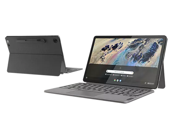 Two Lenovo Duet Chromebook Education Edition 2-in-1 Chromebooks back-to-back, showing detachable keyboard, display, & stand