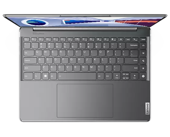 Vue de dessus du portable Yoga 9i Gen 8 2-en-1, coloris Storm Grey, ouvert en mode portable, montrant le clavier