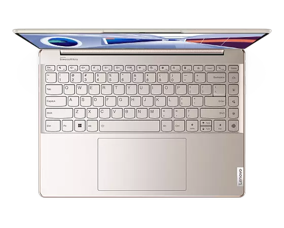 Bovenaanzicht van de Yoga 9i Gen 8 2-in-1-laptop, Oatmeal, geopend in laptopstand met toetsenbord zichtbaar