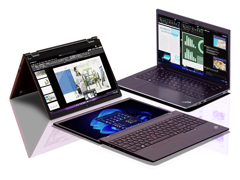 Trois portables Lenovo ThinkPad série L, côte à côte, un en mode tente montrant l’affichage, un en mode portable montrant l’affichage et le clavier, un à plat montrant l’écran et le clavier.