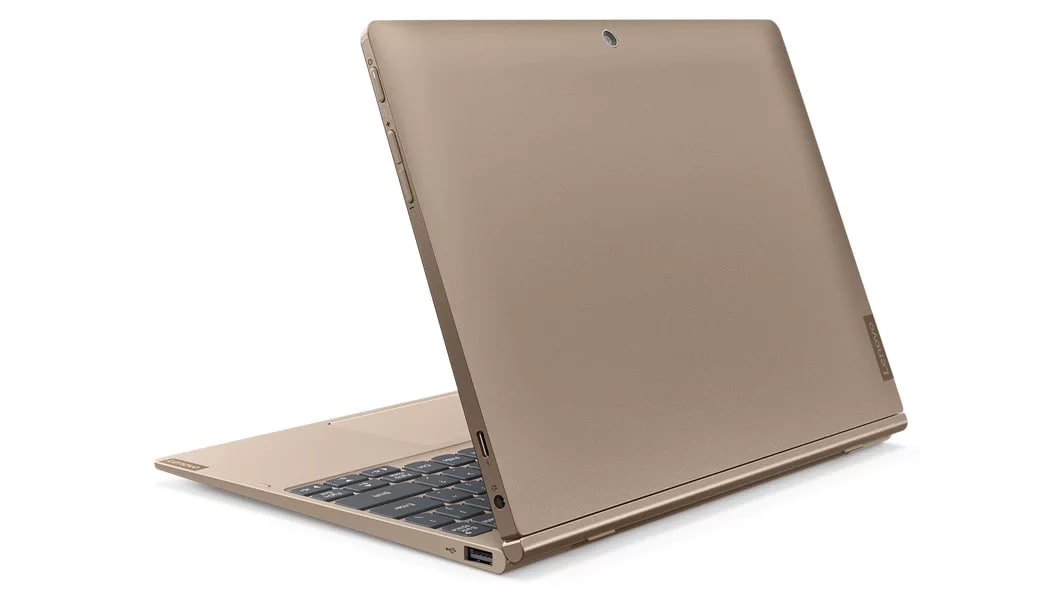 Lenovo Ideapad D330 (in Gold) slightly open, back right side view.
