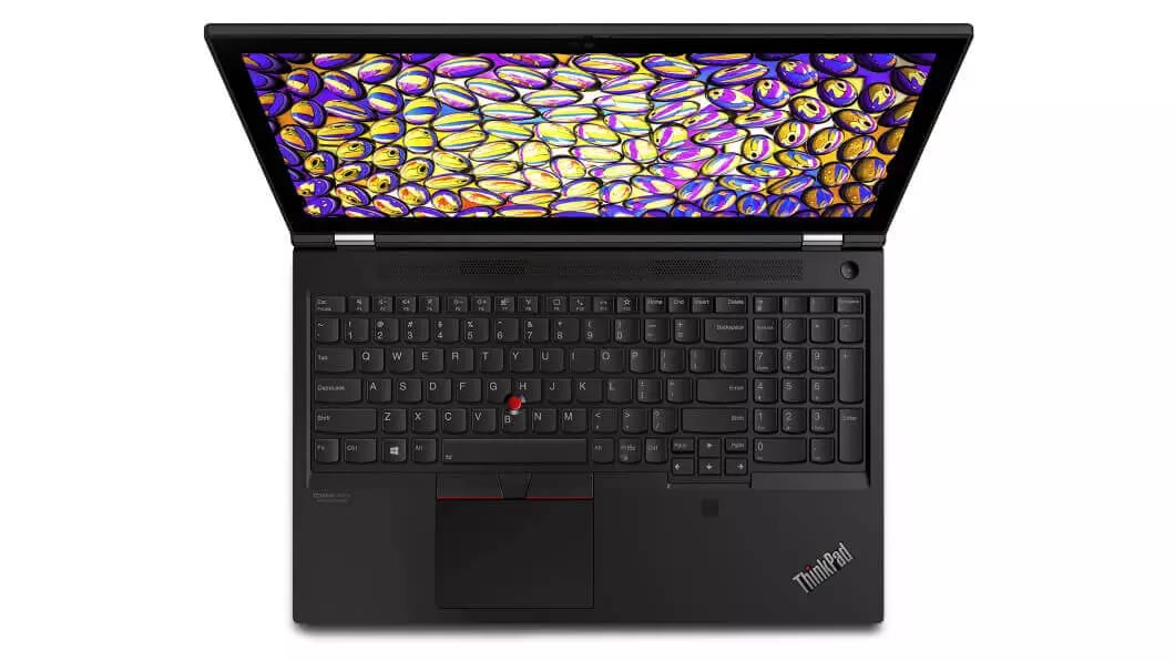 Overhead view of Lenovo ThinkPad P15 laptop open 120 degrees showing keyboard and display
