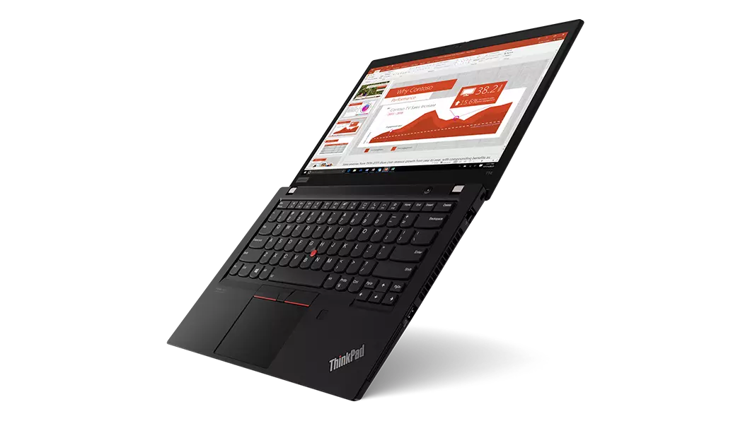 Lenovo ThinkPad T14 Gen 2 (14. AMD) laptop open 180 degrees, floating vertically, showing keyboard and display, angled to include right-side ports.