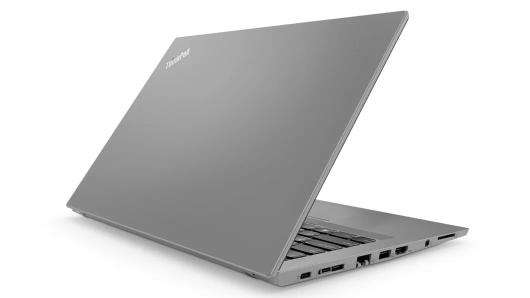Lenovo ThinkPad T480S - Side-on view from the back with laptop (silver color version) slightly opened
