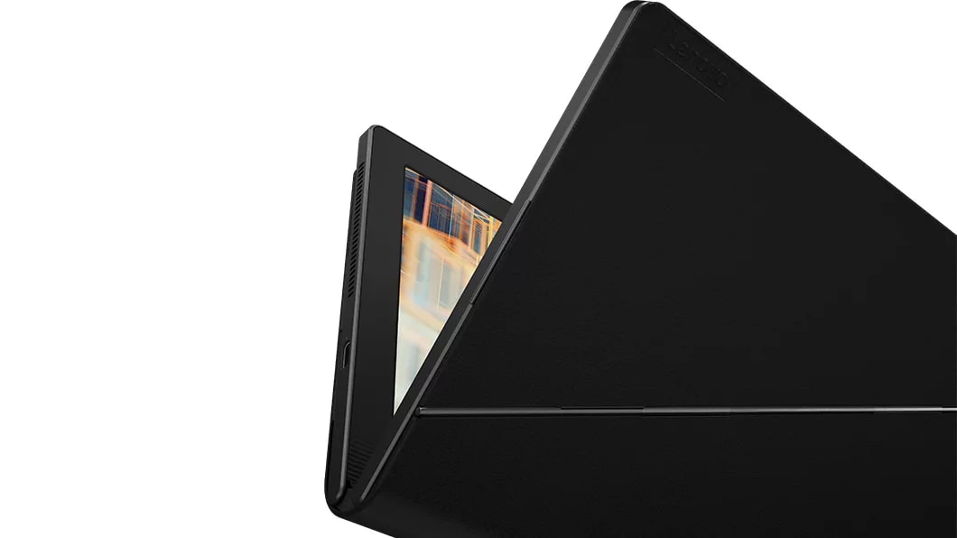 Closeup of back of Lenovo ThinkPad X1 Fold open slightly to show display