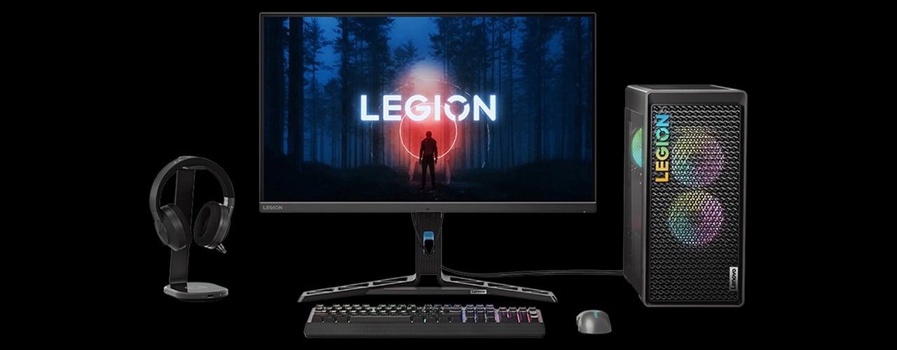 Photo illustration showing the Legion Tower 5 Gen 8 (AMD) gaming PC with optional Legion accessories such as a monitor, keyboard, mouse, and headset