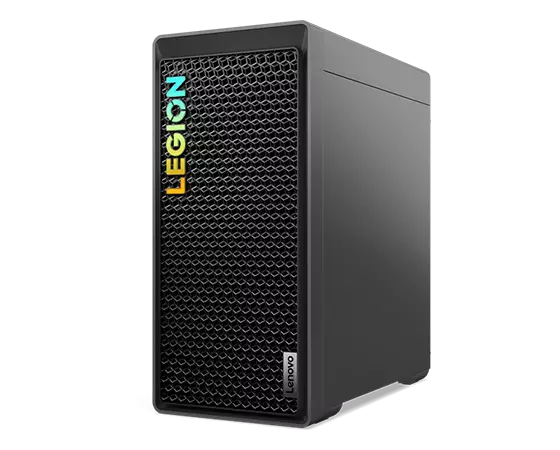 Low-angle, front-right-corner view of the Legion Tower 5i Gen 8 (Intel) gaming PC, showing the right panel, mesh vented front bezel, and bright Legion logo.