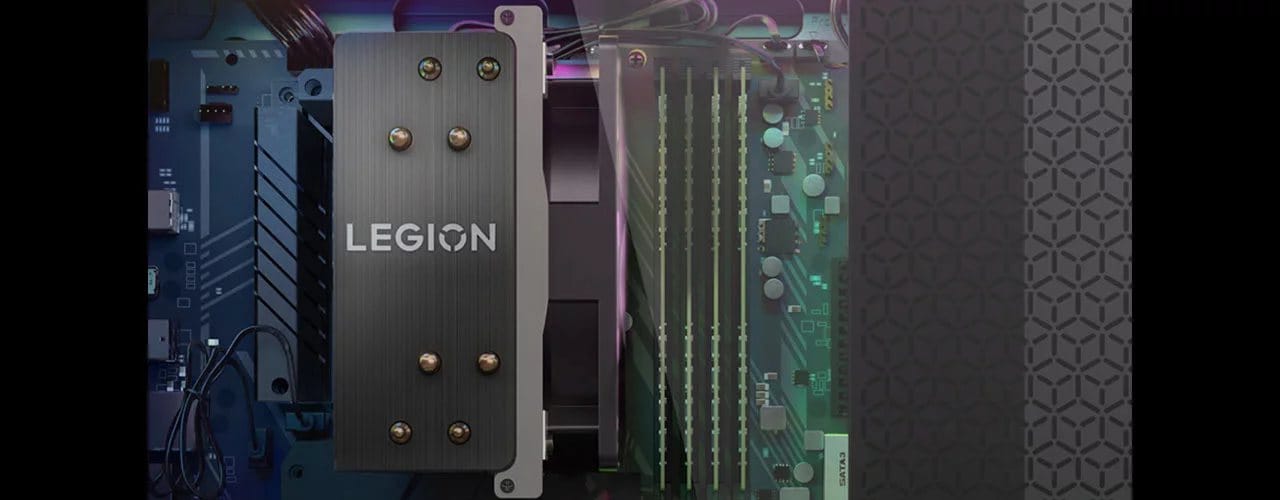 Photo illustration showing some interior components of the Legion Tower 5i Gen 8 (Intel) gaming PC, as though viewed through the optional transparent side panel.