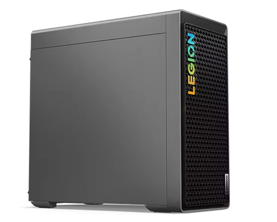 Low-angle, front-left corner view of the Legion Tower 5i Gen 8 (Intel) gaming PC, showing the standard left panel, front mesh venting, and brightly lit Legion logo.