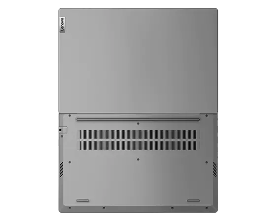 Bovenaanzicht van de Lenovo V14 Gen 4-laptop, 180 graden geopend, met boven- en onderkant zichtbaar, in Arctic Grey.