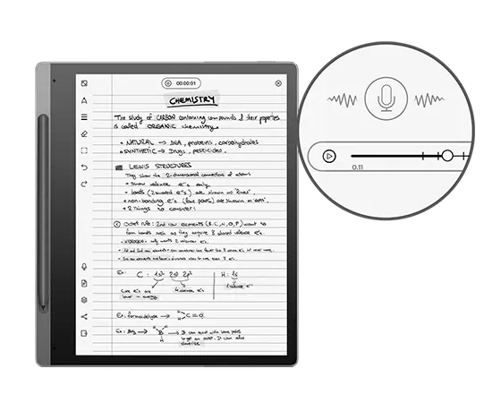  Front-facing Lenovo Smart Paper E-Ink reader, showing handwritten chemistry document, Lenovo Smart Pen, & microphone icon indicating audio being played