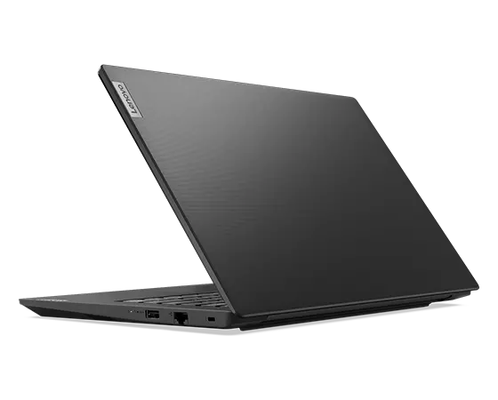 Achteraanzicht van de Lenovo V14 Gen 4-laptop, in Business Black, ongeveer 75 graden geopend.