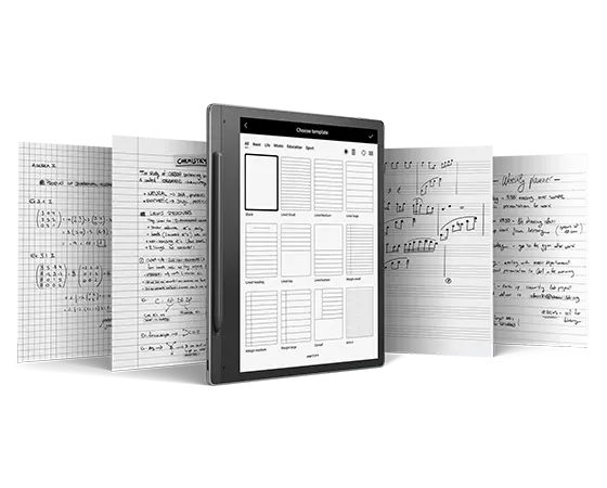 Lenovo Smart Paper with Lenovo Smart Pen, vertically standing, among various notepad templates, such as music & math sheets