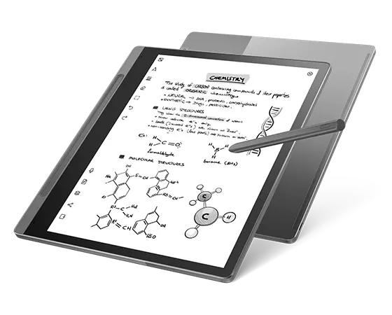 Two Lenovo Smart Paper E-Ink readers, back to back, front one showing chemistry document highlighted and annotated with Lenovo Smart Pen, rear one showing back cover