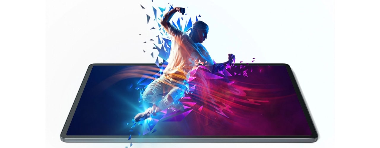 Tablette Lenovo Tab Extreme frontale, affichant un écran coloré et un personnage animé semblant percer l'écran