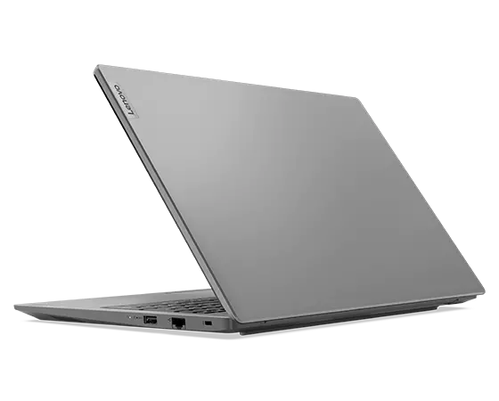 Lenovo V15 Gen 4 Notebook in Arctic Grey, Rückseite mit Blick auf den Gehäusedeckel und die Anschlüsse auf der rechten Seite.