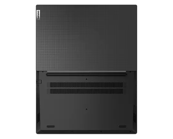 Bovenaanzicht van de Lenovo V15 Gen 4-laptop, 180 graden geopend, met onder- en bovenkant in Basic Black.