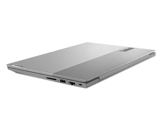 Lenovo ThinkBook 14 Gen 5 (14ʺ AMD) laptop closed cover, angled to show left-side ports.